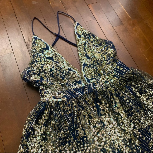 Luxxel Backless Sequin Mini Dress | Blue and Gold  | Size M - Picture 7 of 14